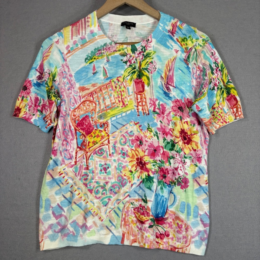 Talbots Womens Short Sleeve Knit Top MP‎ Cotton Scenic Harbor Floral Sweater